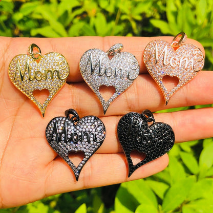 10pcs/lot 26*24.5mm CZ Paved Love Mom Heart Charms for Mother's Day Mix Colors CZ Paved Charms Hearts Mother's Day Charms Beads Beyond