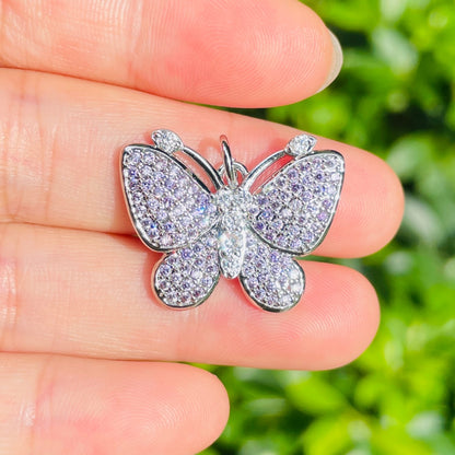 5pcs/lot 25*20mm Multicolor CZ Paved Butterfly Charms Purple on Silver CZ Paved Charms Butterflies Colorful Zirconia New Charms Arrivals Charms Beads Beyond