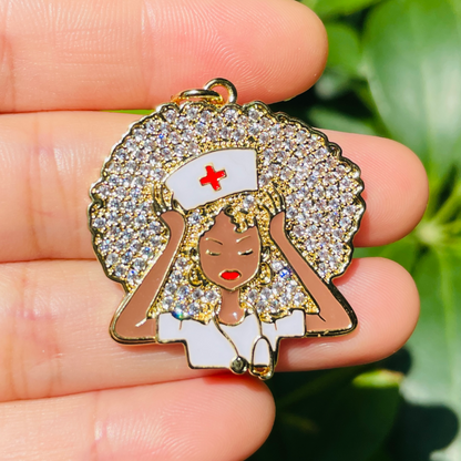 10pcs/lot 31*33mm CZ Paved Black Nurse Afro Girl Charms Gold CZ Paved Charms Afro Girl/Queen Charms New Charms Arrivals Nurse Inspired Charms Beads Beyond