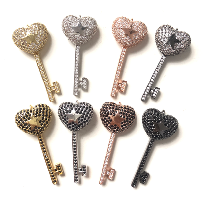 10pcs/lot 38*16mm CZ Paved Heart Key Charms Mix All Colors CZ Paved Charms Keys & Locks Charms Beads Beyond