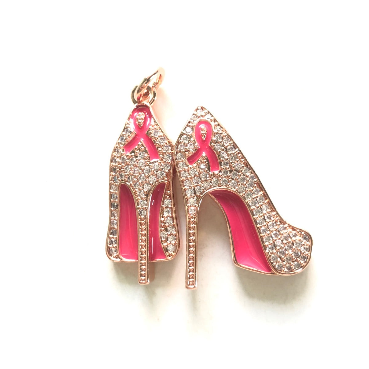 10pcs/lot CZ Pave Pink Ribbon High Heels Charms - Breast Cancer Awareness Rose Gold CZ Paved Charms Breast Cancer Awareness High Heels New Charms Arrivals Charms Beads Beyond
