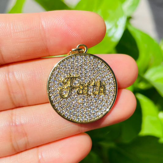 10pcs/lot 25mm CZ Pave Round Plate FAITH Quote Charms Gold CZ Paved Charms Christian Quotes Discs On Sale Charms Beads Beyond