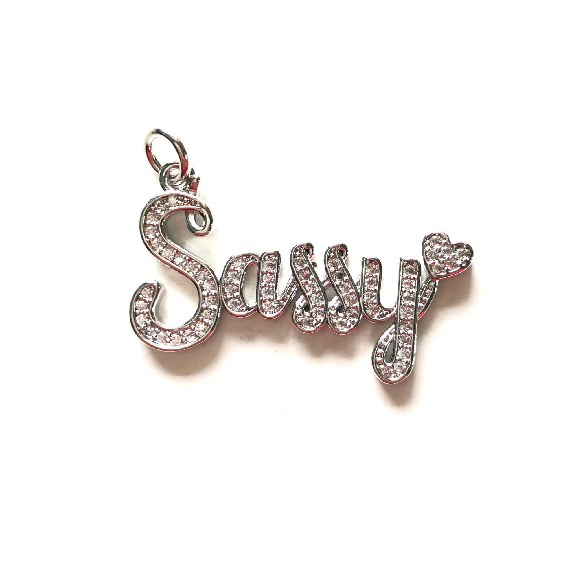 10pcs/lot 34*19mm CZ Paved Sassy Word Charms Silver CZ Paved Charms On Sale Words & Quotes Charms Beads Beyond