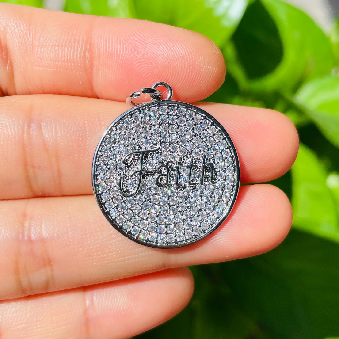 10pcs/lot 25mm CZ Pave Round Plate FAITH Quote Charms Silver CZ Paved Charms Christian Quotes Discs On Sale Charms Beads Beyond
