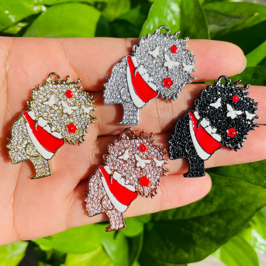 10pcs/lot 36*31mm CZ Pave Afro Girl With Red & White Headband Charms Mix Colors CZ Paved Charms Afro Girl/Queen Charms Charms Beads Beyond