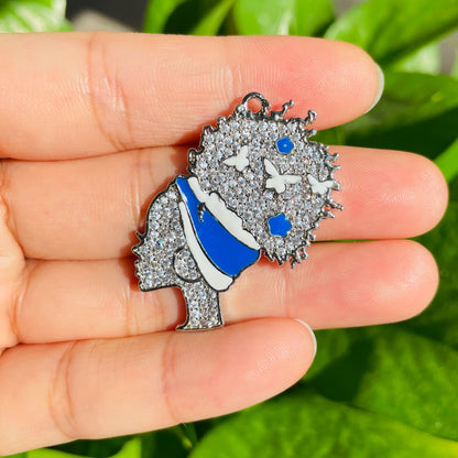 10pcs/lot 36*31mm CZ Pave Afro Girl With Blue & White Headband Charms Silver CZ Paved Charms Afro Girl/Queen Charms Charms Beads Beyond