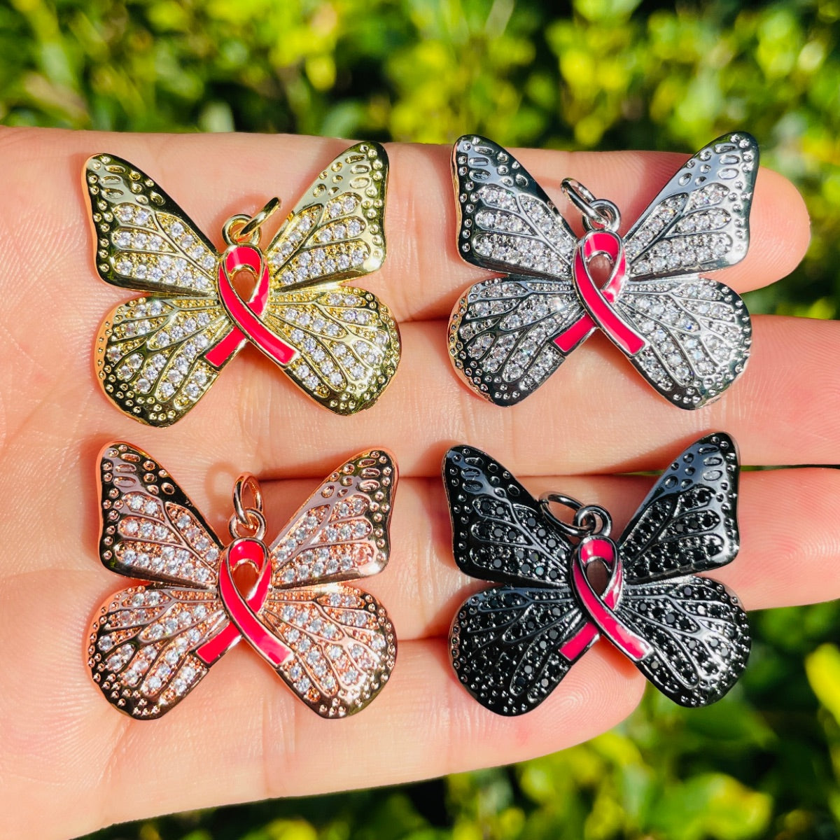 10pcs/lot CZ Pave Pink Ribbon Butterfly Charms - Breast Cancer Awareness Mix Colors CZ Paved Charms Breast Cancer Awareness Butterflies New Charms Arrivals Charms Beads Beyond