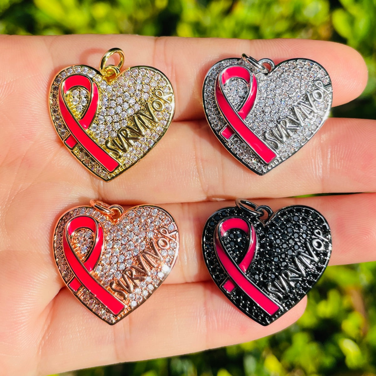 10pcs/lot CZ Pave Pink Ribbon Heart Survivor Word Charms - Breast Cancer Awareness Mix Colors CZ Paved Charms Breast Cancer Awareness Hearts New Charms Arrivals Charms Beads Beyond