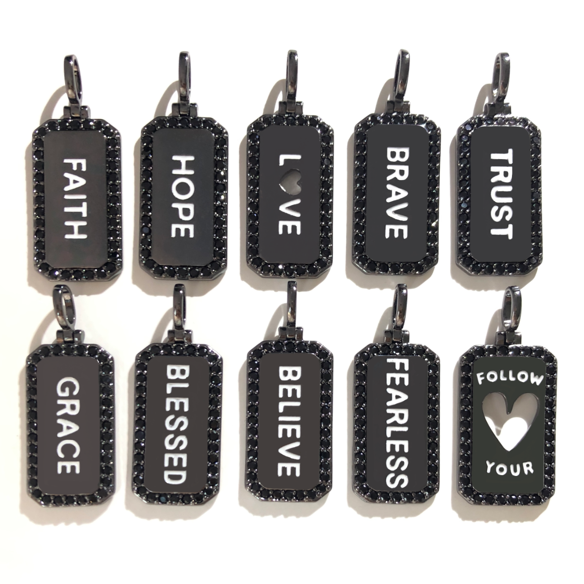 10pcs/lot CZ Paved Faith Hope Love Brave Trust Grace Blessed Believe Fearless Follow Your Heart Word Tags Charms Bundles Black on Black CZ Paved Charms Christian Quotes Mix Charms New Charms Arrivals Word Tags Charms Beads Beyond