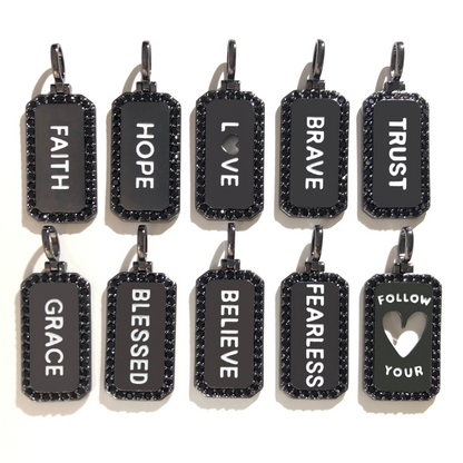 10pcs/lot CZ Paved Faith Hope Love Brave Trust Grace Blessed Believe Fearless Follow Your Heart Word Tags Charms Bundles Black on Black CZ Paved Charms Christian Quotes Mix Charms New Charms Arrivals Word Tags Charms Beads Beyond