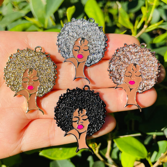 10pcs/lot 37*28.5mm CZ Pave Afro Black Girl Charms Mix Colors CZ Paved Charms Afro Girl/Queen Charms New Charms Arrivals Charms Beads Beyond