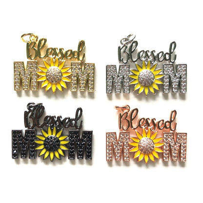 10pcs/lot 32*23mm CZ Pave Sunflower Blessed Mom Charms CZ Paved Charms Mother's Day Words & Quotes Charms Beads Beyond