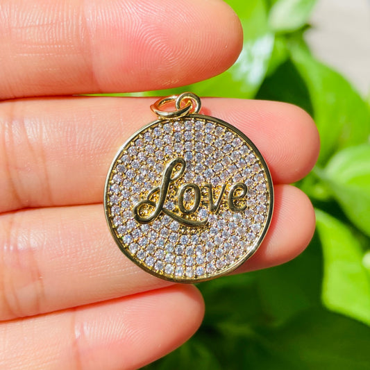10pcs/lot 25mm CZ Pave Round Plate LOVE Quote Charms Gold CZ Paved Charms Christian Quotes Discs On Sale Charms Beads Beyond