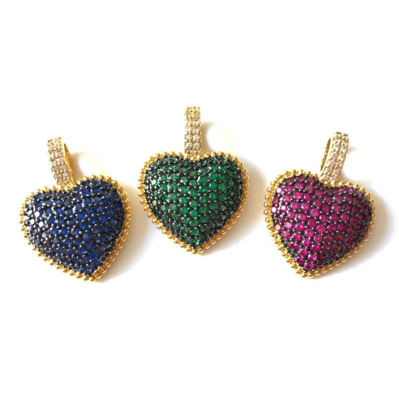 5pcs/lot 25*19mm Fuchsia Blue Green CZ Paved Heart Charm Pendants CZ Paved Charms Colorful Zirconia Hearts New Charms Arrivals Charms Beads Beyond