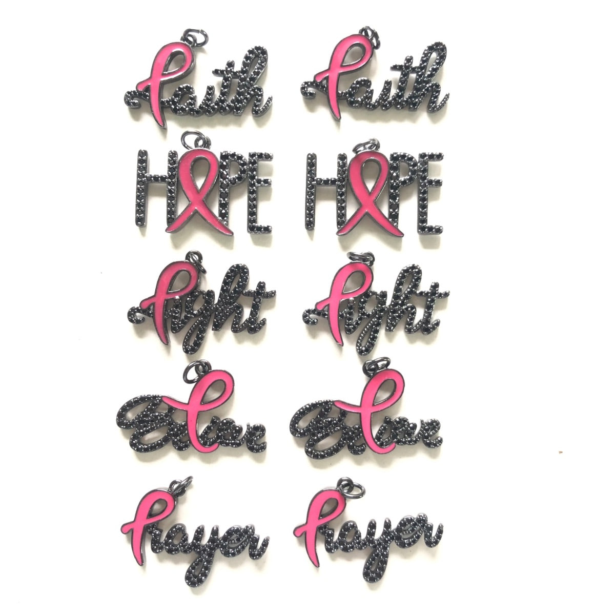 10pcs/lot CZ Pave Pink Ribbon Faith Hope Fight Brave Prayer Breast Cancer Awareness Word Charms Bundle Black on Black Set CZ Paved Charms Breast Cancer Awareness Mix Charms New Charms Arrivals Charms Beads Beyond