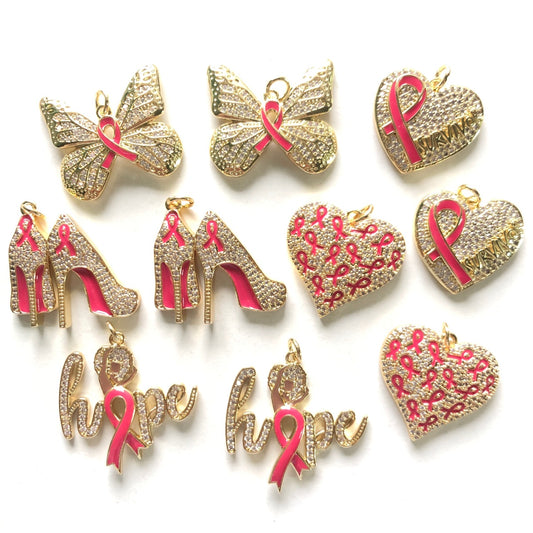 10pcs/lot CZ Pave Pink Ribbon Heart High Heel Butterfly Hope Word Breast Cancer Awareness Charms Bundle Gold Set CZ Paved Charms Breast Cancer Awareness Mix Charms New Charms Arrivals Charms Beads Beyond