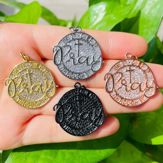 10pcs/lot 28mm CZ Pave Round Plate PRAY ON IT OVER IT THROUGH IT Quote Charms Mix Colors CZ Paved Charms Christian Quotes Discs On Sale Charms Beads Beyond