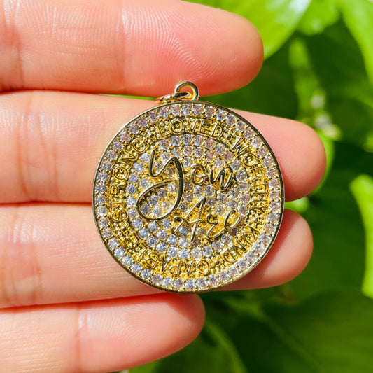 10pcs/lot 28mm CZ Pave Round Plate YOU ARE LOVED WORTHY KIND CAPABLE STRONG Quote Charms Gold CZ Paved Charms Discs On Sale Charms Beads Beyond