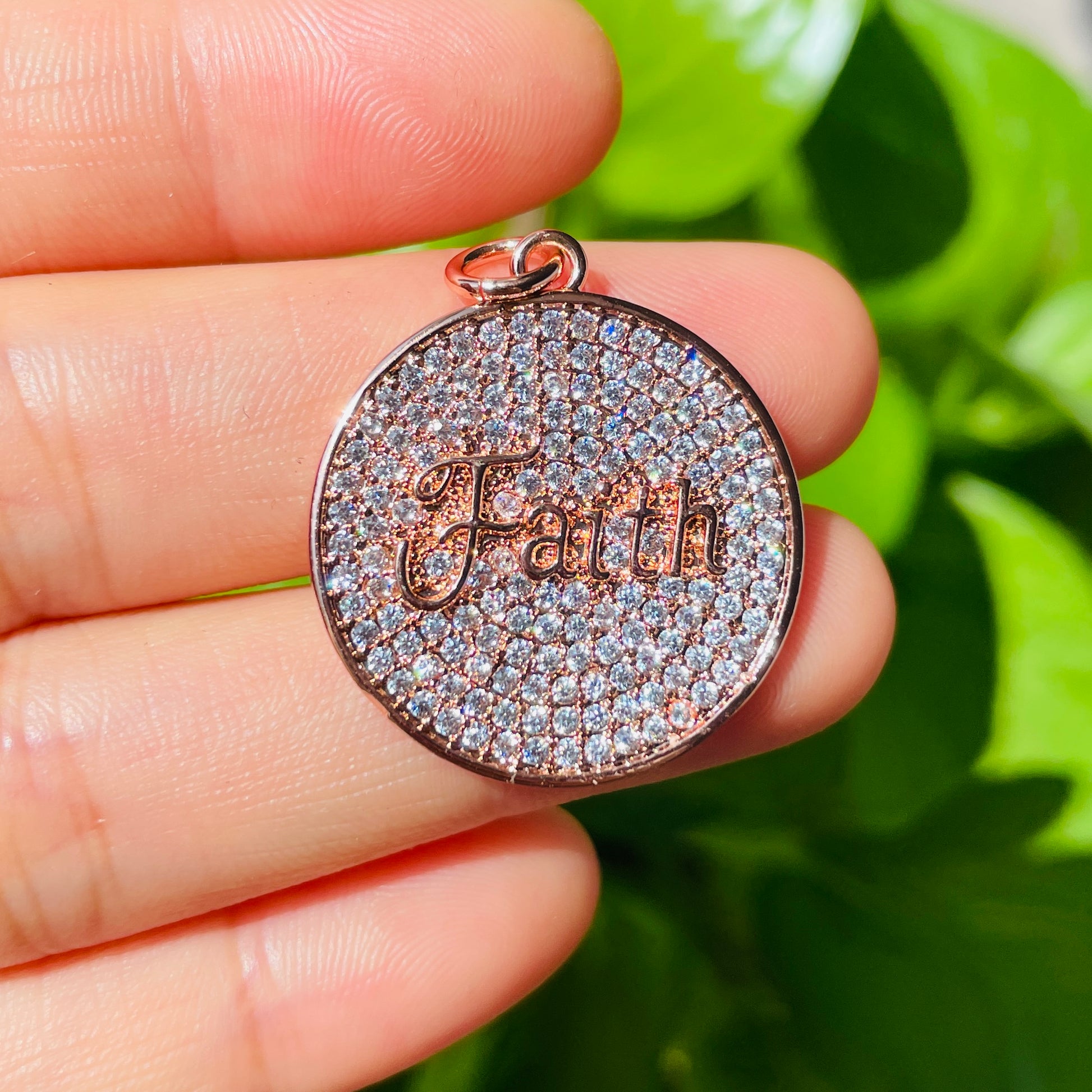 10pcs/lot 25mm CZ Pave Round Plate FAITH Quote Charms Rose Gold CZ Paved Charms Christian Quotes Discs On Sale Charms Beads Beyond
