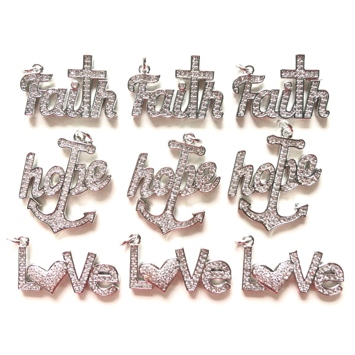 9pcs/lot Faith Hope Love Word Charms Mix Bundle- Silver CZ Paved Charms Mix Charms Charms Beads Beyond