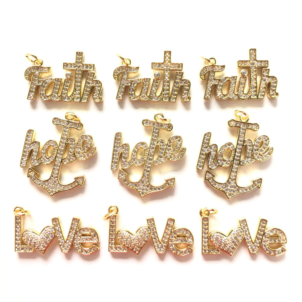 9pcs/lot Faith Hope Love Word Charms Mix Bundle- Gold CZ Paved Charms Mix Charms Charms Beads Beyond