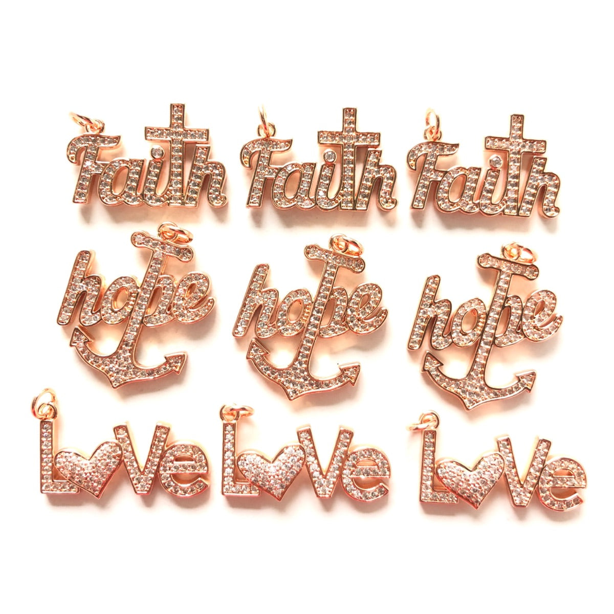 9pcs/lot Faith Hope Love Word Charms Mix Bundle- Rose Gold CZ Paved Charms Mix Charms Charms Beads Beyond