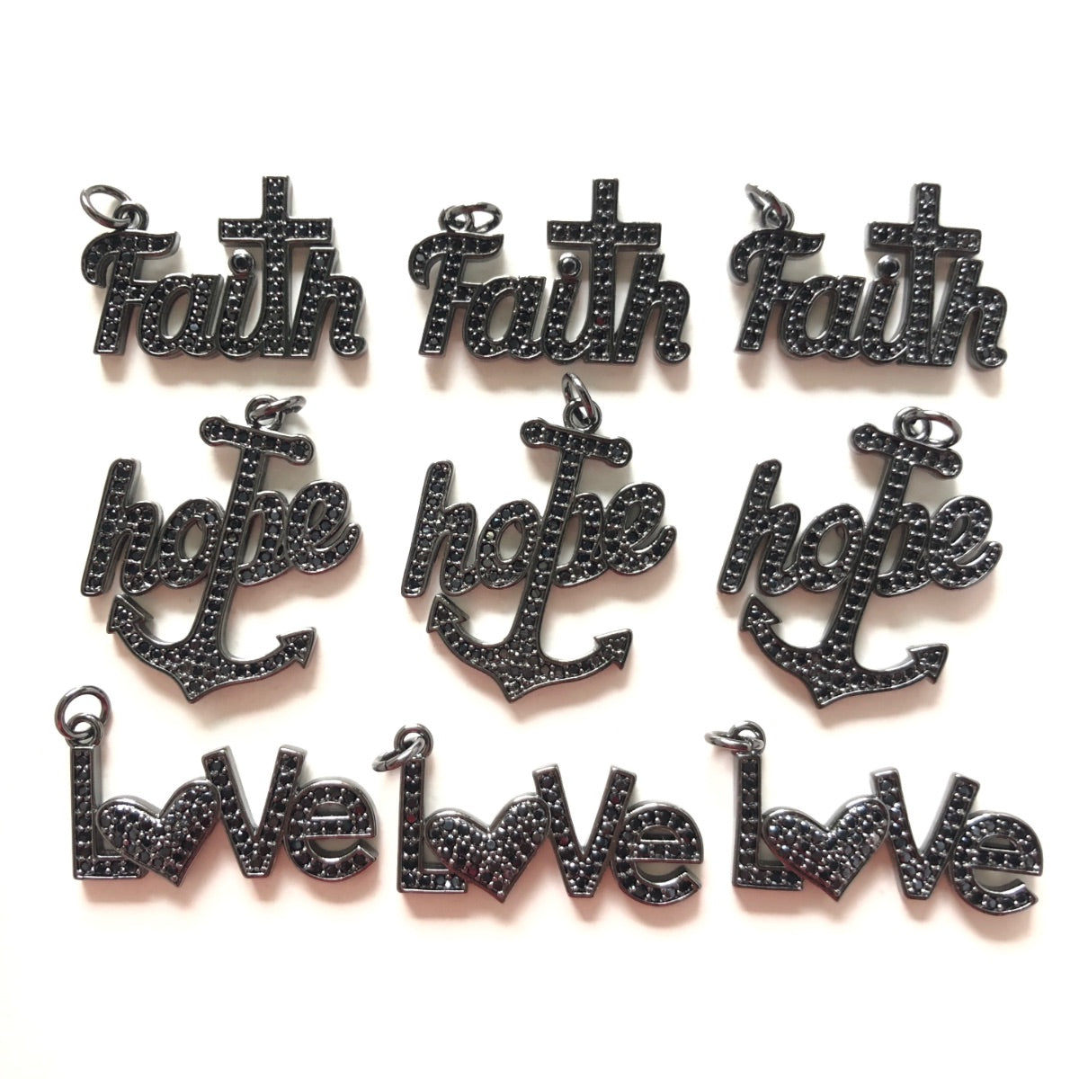 9pcs/lot Faith Hope Love Word Charms Mix Bundle- Black on Black CZ Paved Charms Mix Charms Charms Beads Beyond