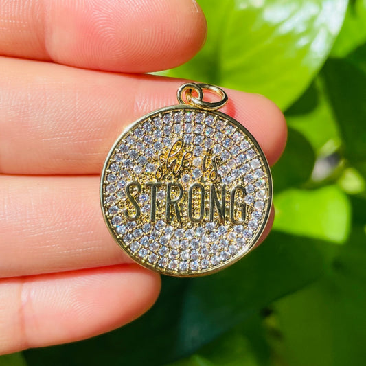 10pcs/lot 25mm CZ Pave Round Plate SHE IS STRONG Quote Charms Gold CZ Paved Charms Christian Quotes Discs On Sale Charms Beads Beyond