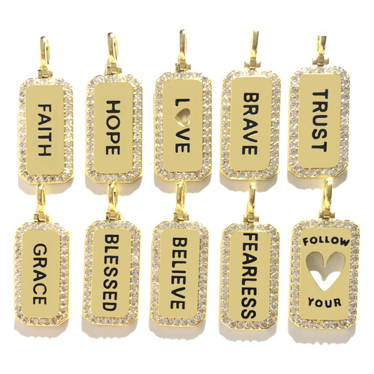 10pcs/lot CZ Paved Faith Hope Love Brave Trust Grace Blessed Believe Fearless Follow Your Heart Word Tags Charms Bundles Gold CZ Paved Charms Christian Quotes Mix Charms New Charms Arrivals Word Tags Charms Beads Beyond
