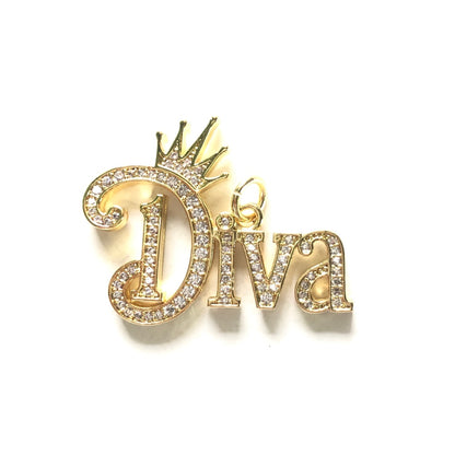 10pcs/lot 34*26.5mm CZ Pave Crown DIVA Word Charms Gold CZ Paved Charms Crowns New Charms Arrivals Words & Quotes Charms Beads Beyond