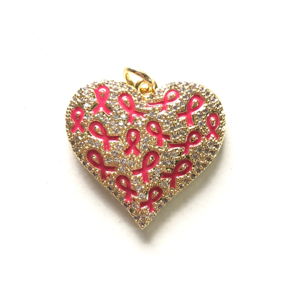 10pcs/lot CZ Pave Pink Ribbon Heart Charms - Breast Cancer Awareness Gold CZ Paved Charms Breast Cancer Awareness Hearts New Charms Arrivals Charms Beads Beyond