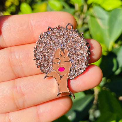 10pcs/lot 37*28.5mm CZ Pave Afro Black Girl Charms Rose Gold CZ Paved Charms Afro Girl/Queen Charms New Charms Arrivals Charms Beads Beyond