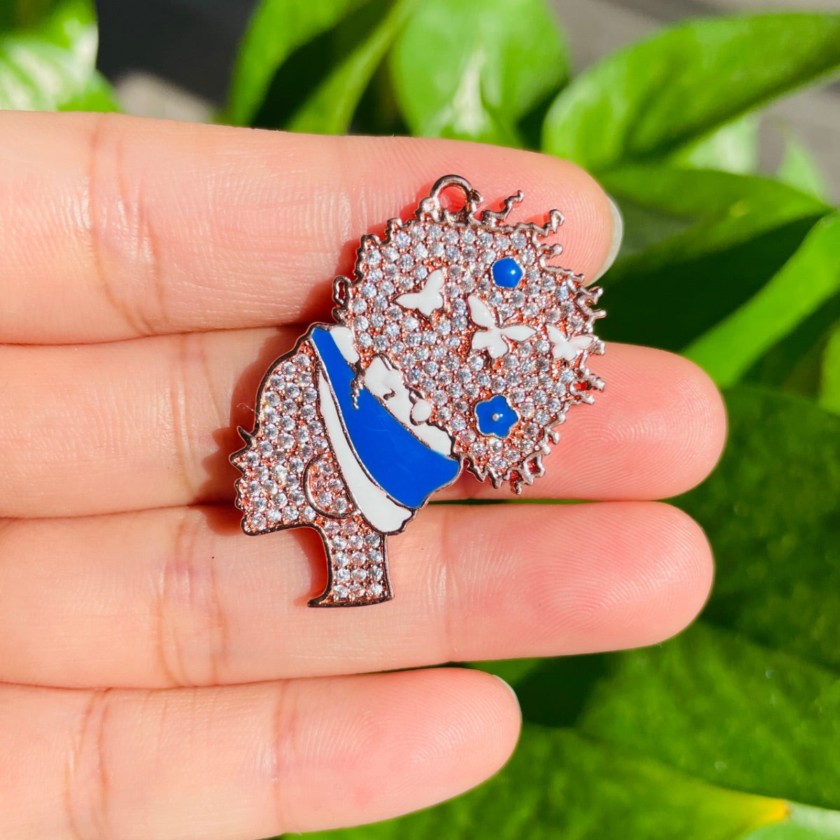 10pcs/lot 36*31mm CZ Pave Afro Girl With Blue & White Headband Charms Rose Gold CZ Paved Charms Afro Girl/Queen Charms Charms Beads Beyond