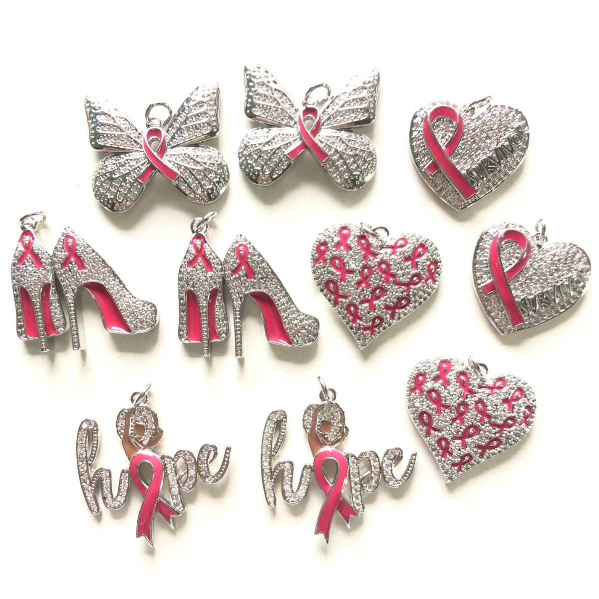 10pcs/lot CZ Pave Pink Ribbon Heart High Heel Butterfly Hope Word Breast Cancer Awareness Charms Bundle Silver Set CZ Paved Charms Breast Cancer Awareness Mix Charms New Charms Arrivals Charms Beads Beyond