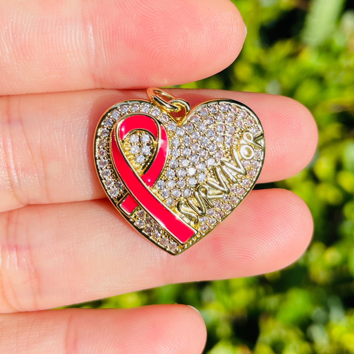 10pcs/lot CZ Pave Pink Ribbon Heart Survivor Word Charms - Breast Cancer Awareness Gold CZ Paved Charms Breast Cancer Awareness Hearts New Charms Arrivals Charms Beads Beyond