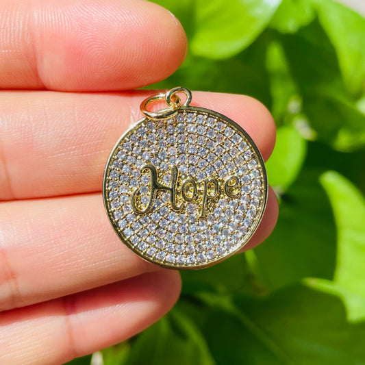 10pcs/lot 25mm CZ Pave Round Plate HOPE Quote Charms Gold CZ Paved Charms Christian Quotes Discs On Sale Charms Beads Beyond