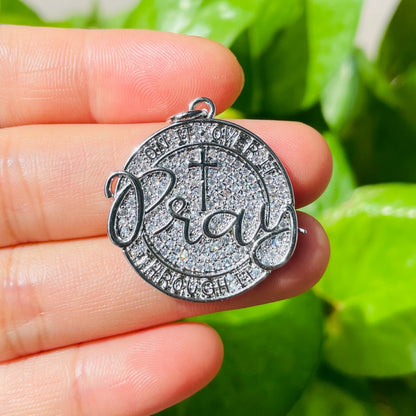 10pcs/lot 28mm CZ Pave Round Plate PRAY ON IT OVER IT THROUGH IT Quote Charms Silver CZ Paved Charms Christian Quotes Discs On Sale Charms Beads Beyond