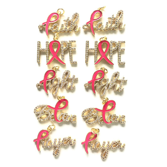 10pcs/lot CZ Pave Pink Ribbon Faith Hope Fight Brave Prayer Breast Cancer Awareness Word Charms Bundle Gold Set CZ Paved Charms Breast Cancer Awareness Mix Charms New Charms Arrivals Charms Beads Beyond