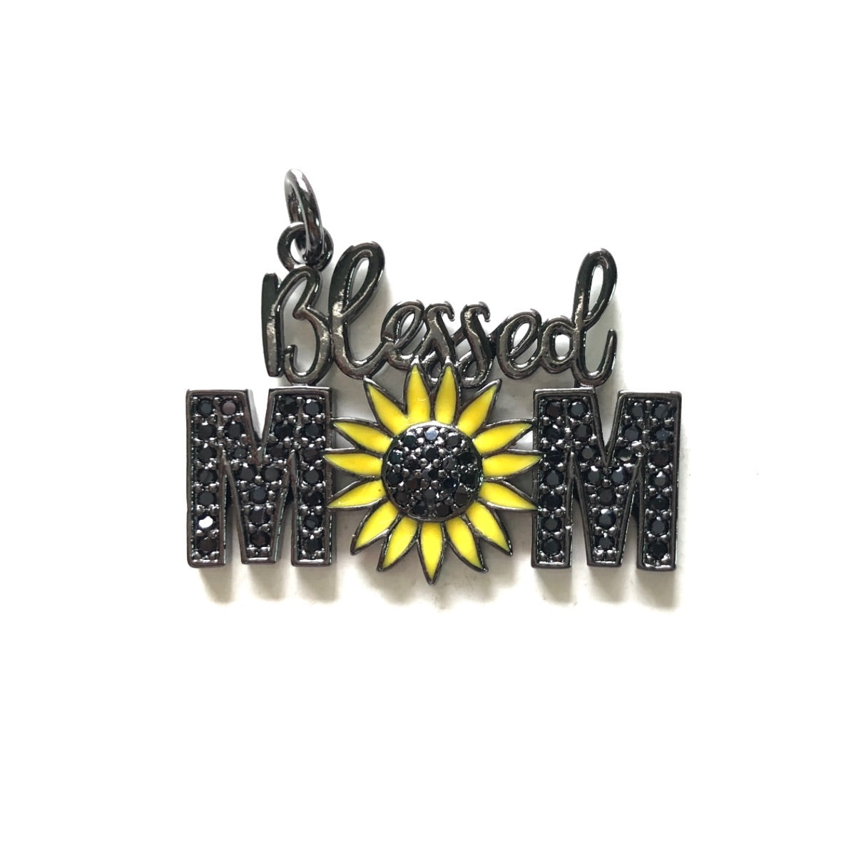 10pcs/lot 32*23mm CZ Pave Sunflower Blessed Mom Charms Black on Black CZ Paved Charms Mother's Day Words & Quotes Charms Beads Beyond