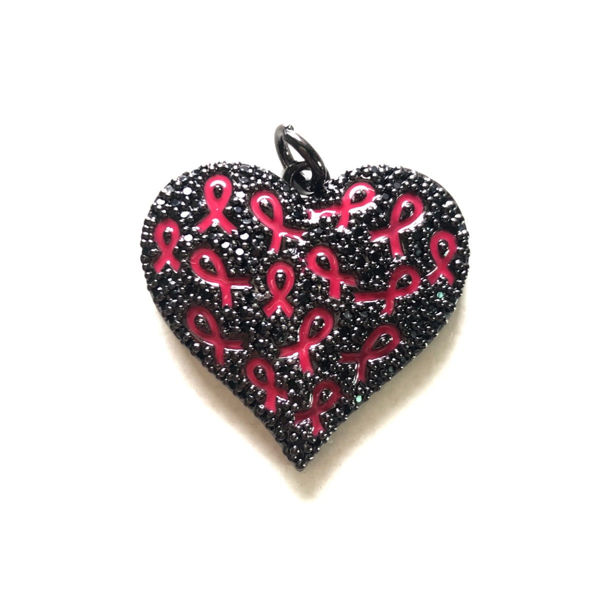 10pcs/lot CZ Pave Pink Ribbon Heart Charms - Breast Cancer Awareness Black on Black CZ Paved Charms Breast Cancer Awareness Hearts New Charms Arrivals Charms Beads Beyond