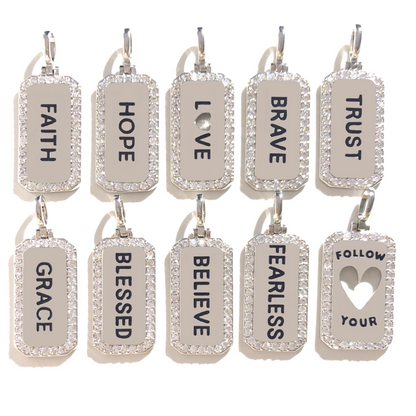 10pcs/lot CZ Paved Faith Hope Love Brave Trust Grace Blessed Believe Fearless Follow Your Heart Word Tags Charms Bundles Silver CZ Paved Charms Christian Quotes Mix Charms New Charms Arrivals Word Tags Charms Beads Beyond