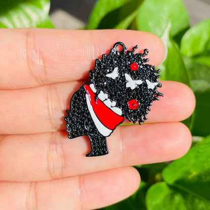 10pcs/lot 36*31mm CZ Pave Afro Girl With Red & White Headband Charms Black on Black CZ Paved Charms Afro Girl/Queen Charms Charms Beads Beyond