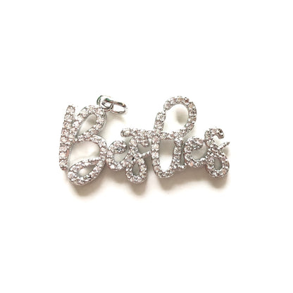 10pcs/lot 34*17.7mm CZ Pave Best Friends Besties Word Charms Silver CZ Paved Charms On Sale Words & Quotes Charms Beads Beyond