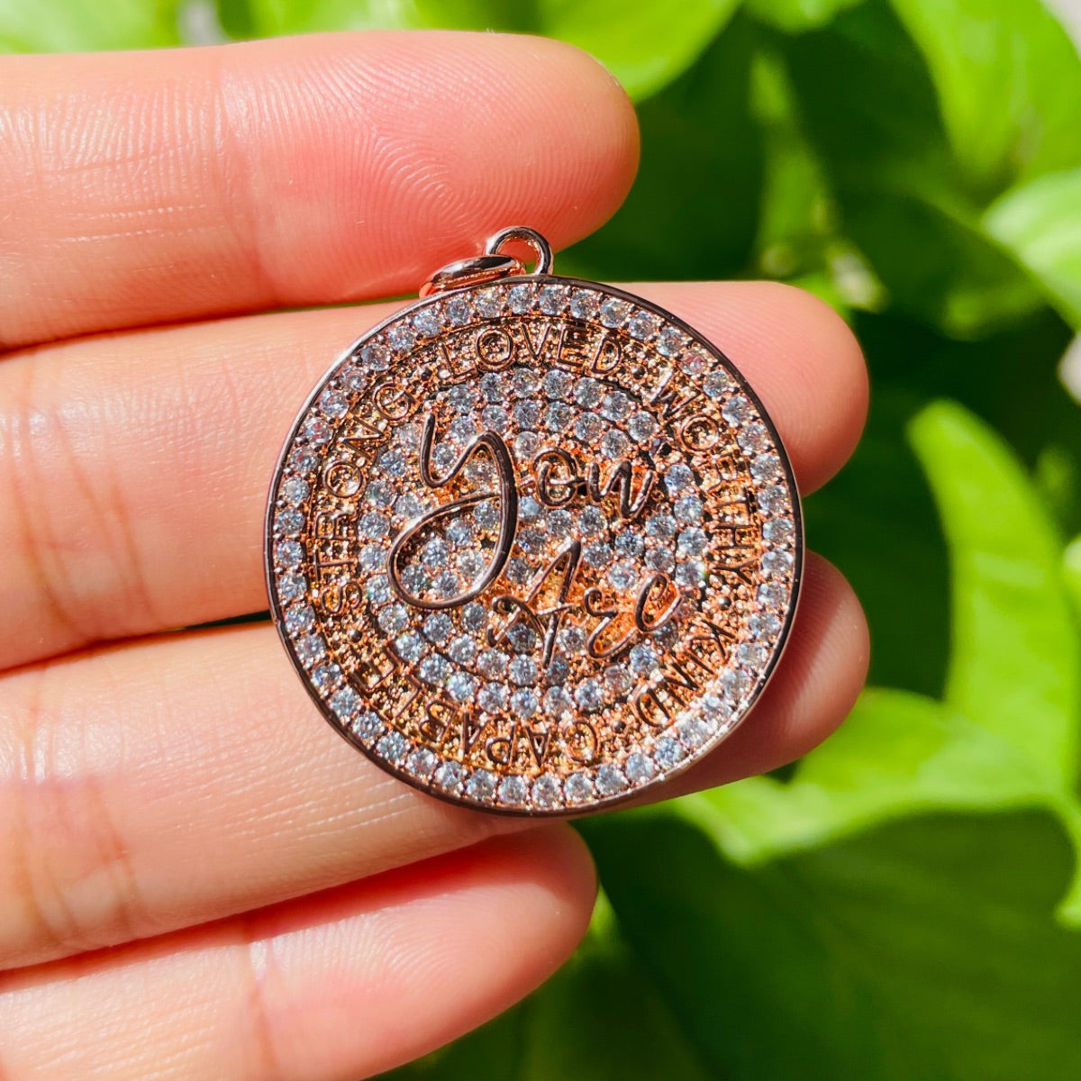 10pcs/lot 28mm CZ Pave Round Plate YOU ARE LOVED WORTHY KIND CAPABLE STRONG Quote Charms Rose Gold CZ Paved Charms Discs On Sale Charms Beads Beyond