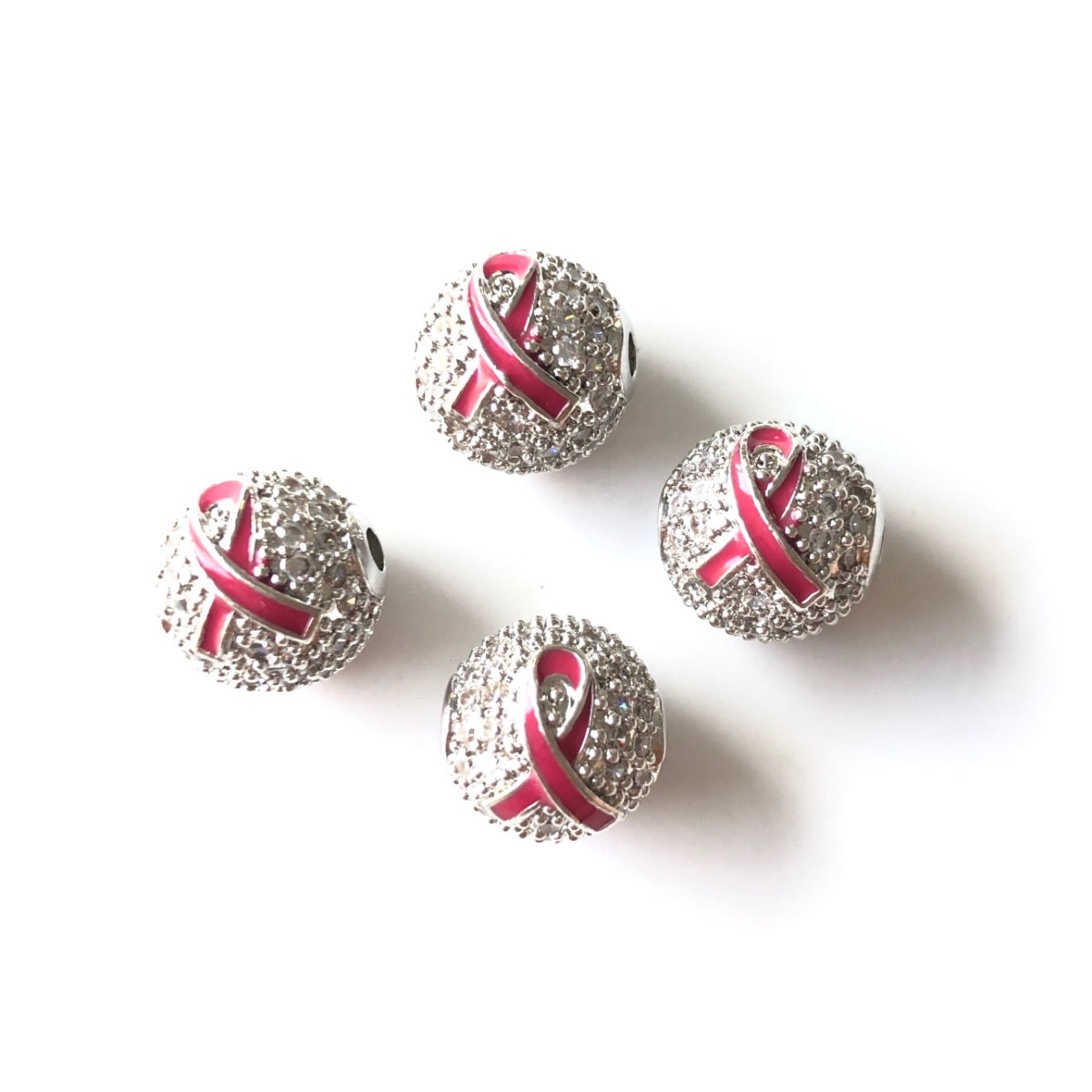 10-20-50pcs/lot 10mm CZ Paved Breast Cancer Awareness Pink Ribbon Ball Spacers Beads Silver CZ Paved Spacers 10mm Beads Ball Beads Breast Cancer Awareness New Spacers Arrivals Charms Beads Beyond
