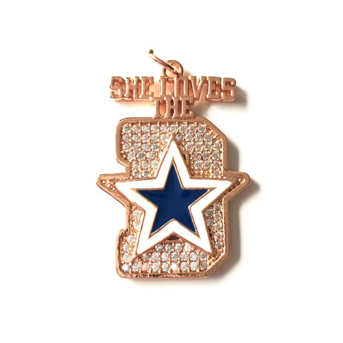 10pcs/lot 35*25mm Cowboys Star CZ Paved She Loves The D Word Charms Rose Gold CZ Paved Charms American Football Sports New Charms Arrivals Charms Beads Beyond