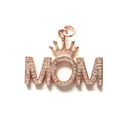 10pcs/lot 32*23.6mm CZ Pave Crown Mom Word Charms Rose Gold CZ Paved Charms Mother's Day Words & Quotes Charms Beads Beyond