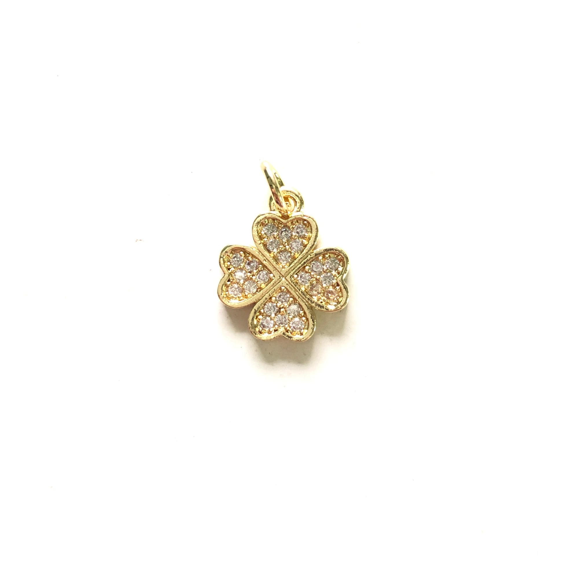 10pcs/lot 14*12mm Small Size CZ Pave Four Leaf Clover Charms Gold CZ Paved Charms Flowers Small Sizes Charms Beads Beyond