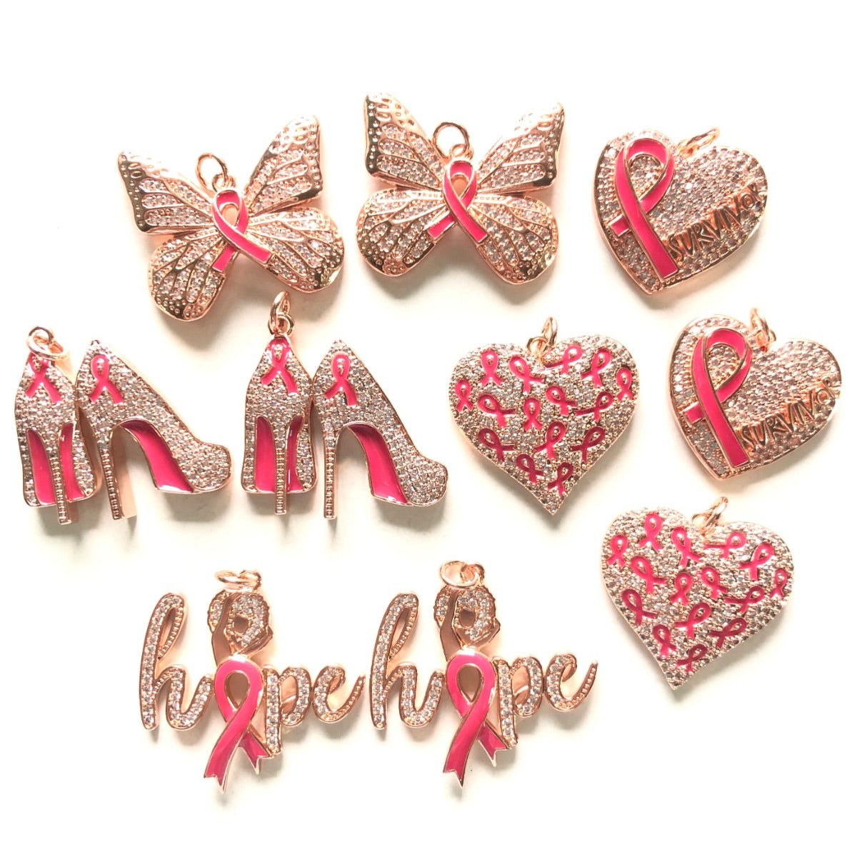 10pcs/lot CZ Pave Pink Ribbon Heart High Heel Butterfly Hope Word Breast Cancer Awareness Charms Bundle Rose Gold Set CZ Paved Charms Breast Cancer Awareness Mix Charms New Charms Arrivals Charms Beads Beyond