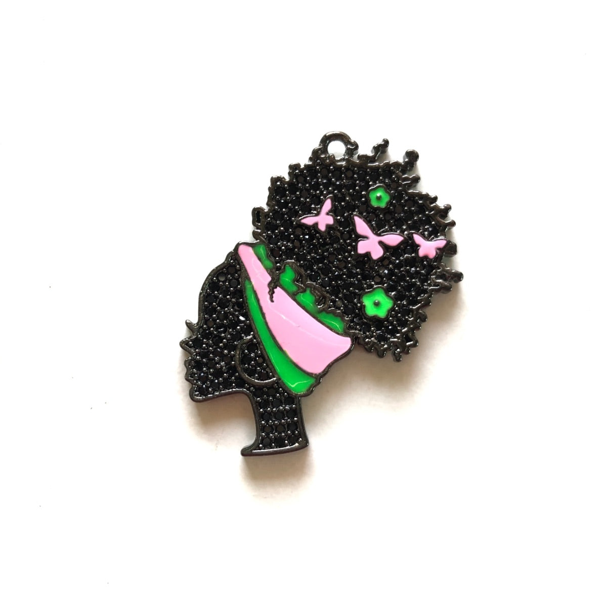 10pcs/lot 36*31mm CZ Pave Afro Girl With Pink & Green Headband Charms Black on Black CZ Paved Charms Afro Girl/Queen Charms Charms Beads Beyond